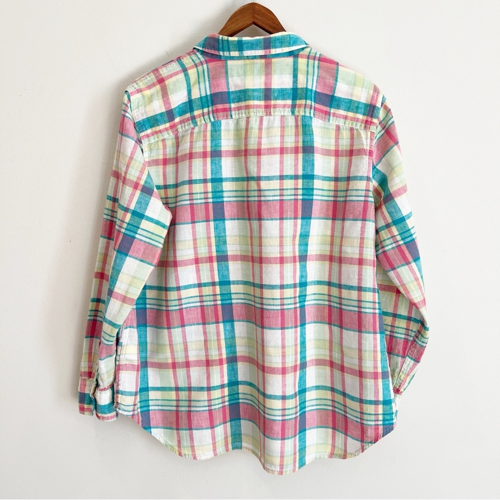 Chaps Womens Linen Blend Button Up Shirt 1X Pink Green Plaid Coastal Preppy - Picture 2 of 11